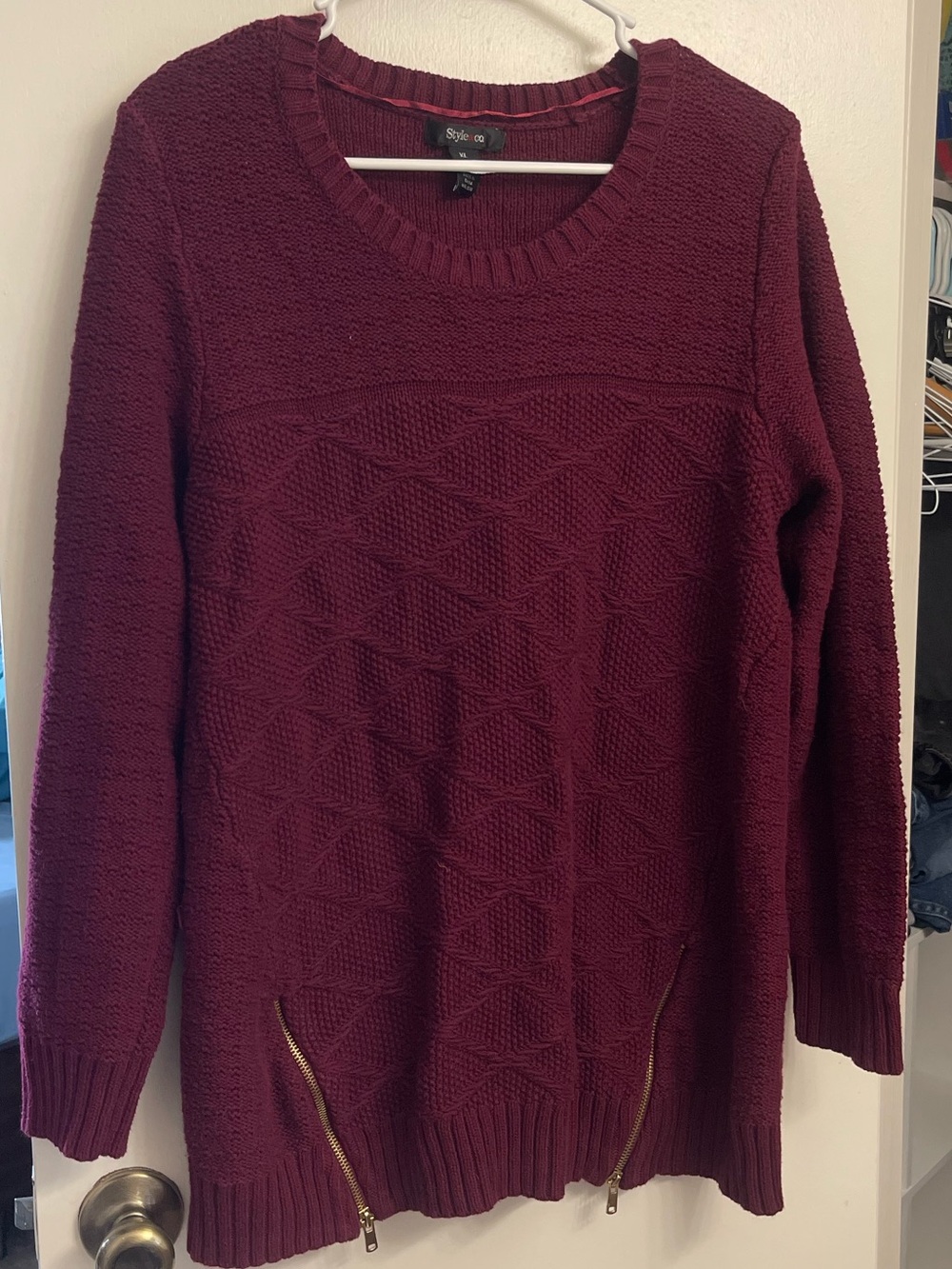 Style & Co. Maroon Cable Knit Crewneck Sweater with Hem Zippers